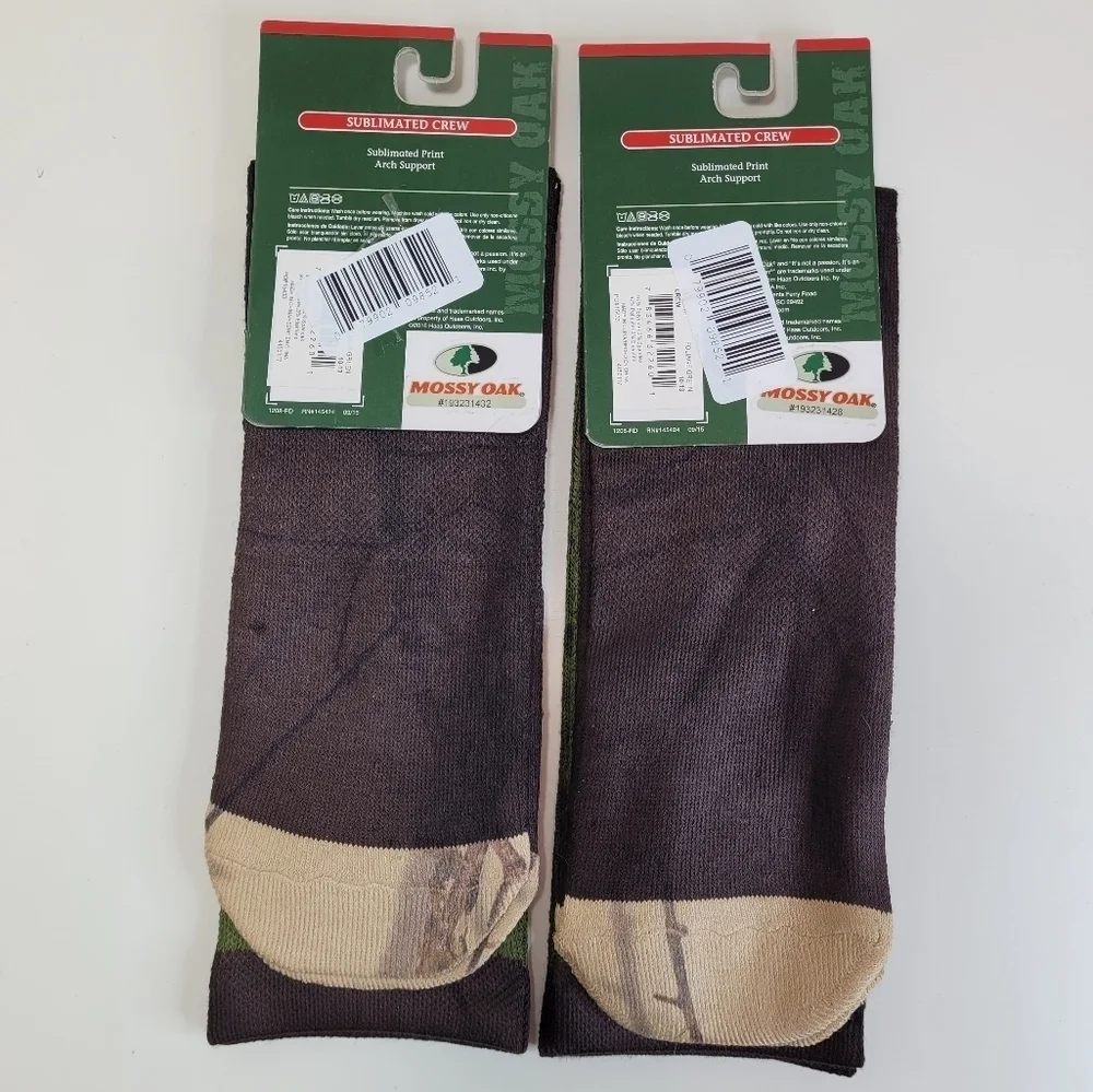 Mossy Oak Sublimated ARCH SUPPORT Foliage Crew Socks 2 pairs Size Men Large 9-12